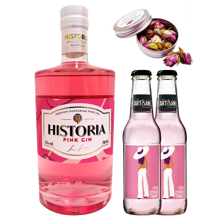 Historia Pink Gin csomag ajándék tonikokkal és fűszerrel 0,7L